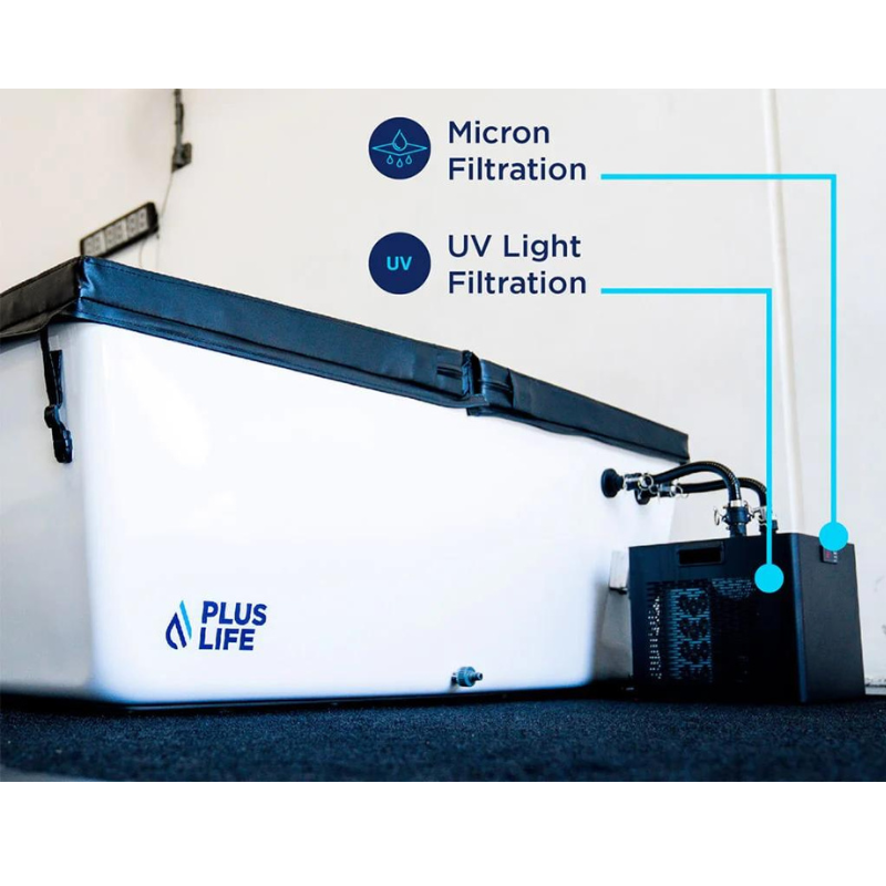 PlusLife Commercial Ice Bath in White Fully Assembled Emphasis on UV Light Filtration & Micron Filtration.png