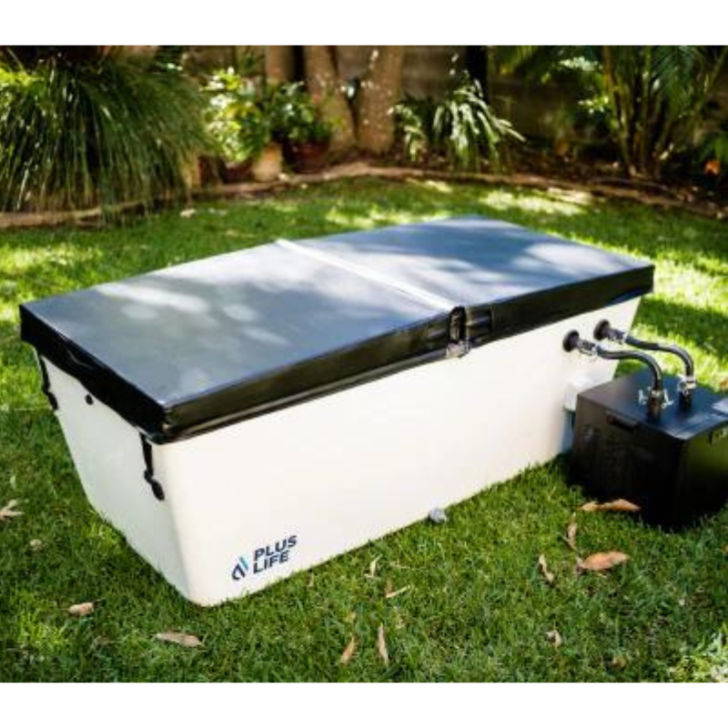 PlusLife Original Ice Bath in White Fully Assembled with insulated cover in use.png