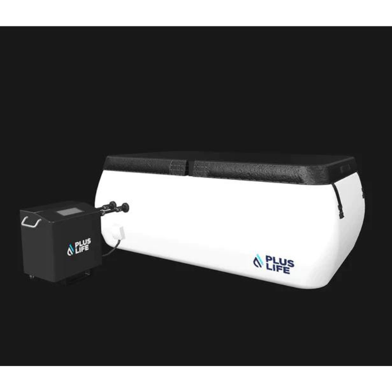 PlusLife XL Ice Bath Fully Assembled with Insulated Cover on and Chiller Plunge System connected 2.png