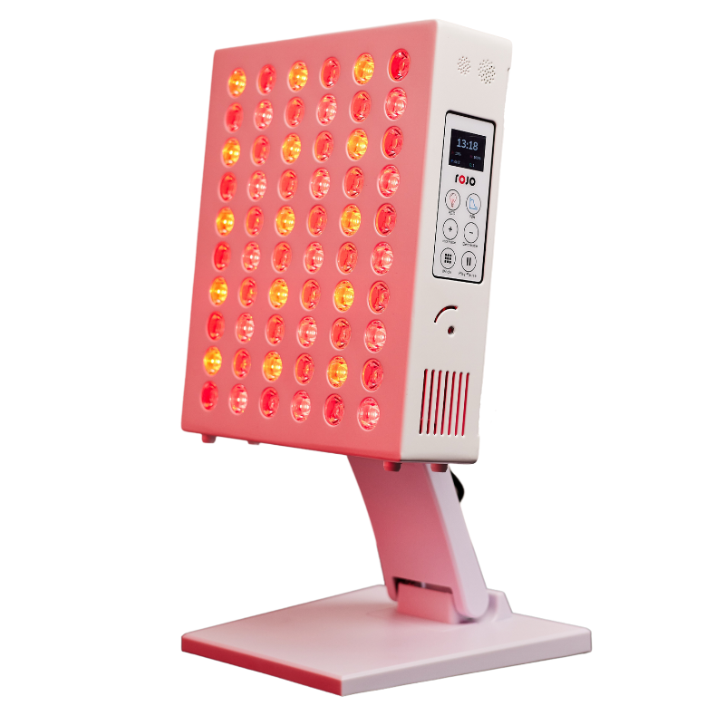 ROJO 300 Red Light Therapy Panel In Front and Side View with Fully Adjustable Stand, In Use