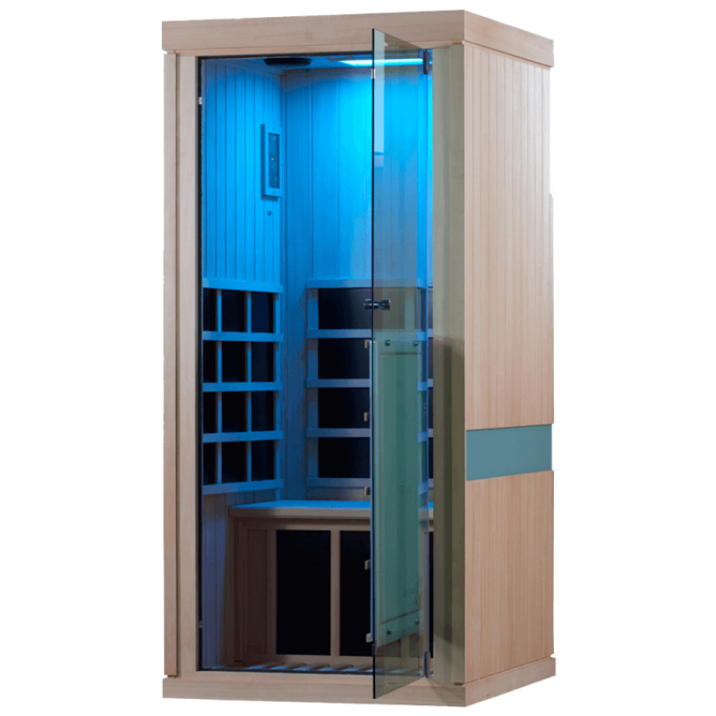 Sun Stream Evolve 10 Far Infrared Sauna Door Open with Blue Chromotherapy Lights On