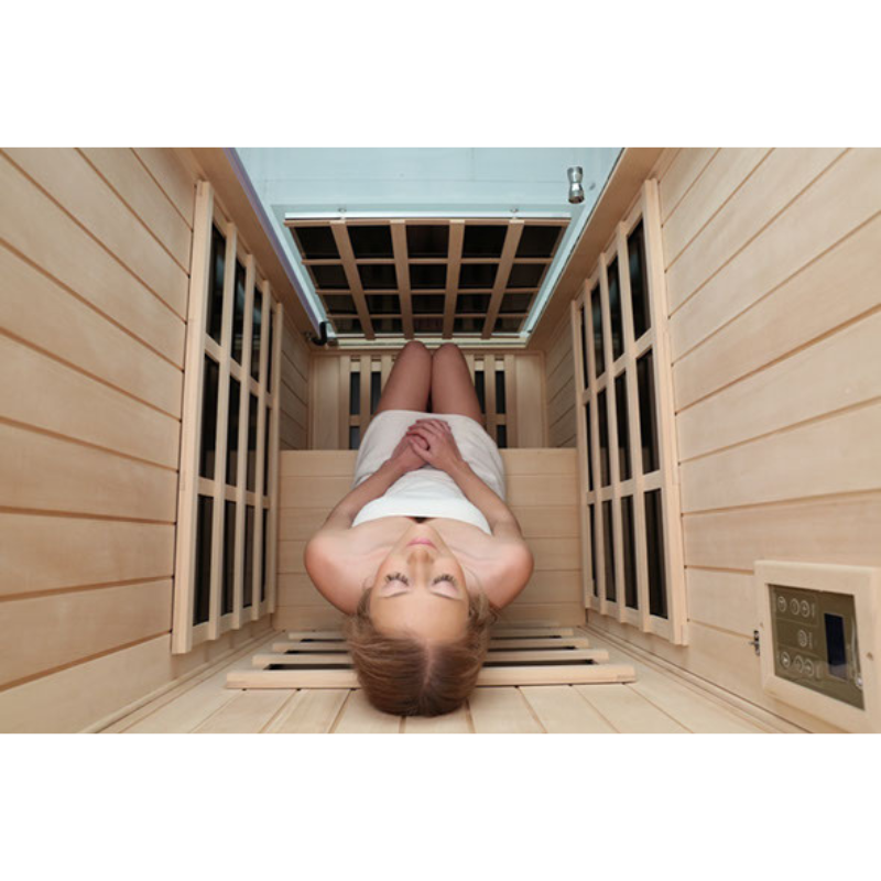 Sun Stream Evolve 10 Far Infrared Sauna In Birds Eye Inside View with Model Inside