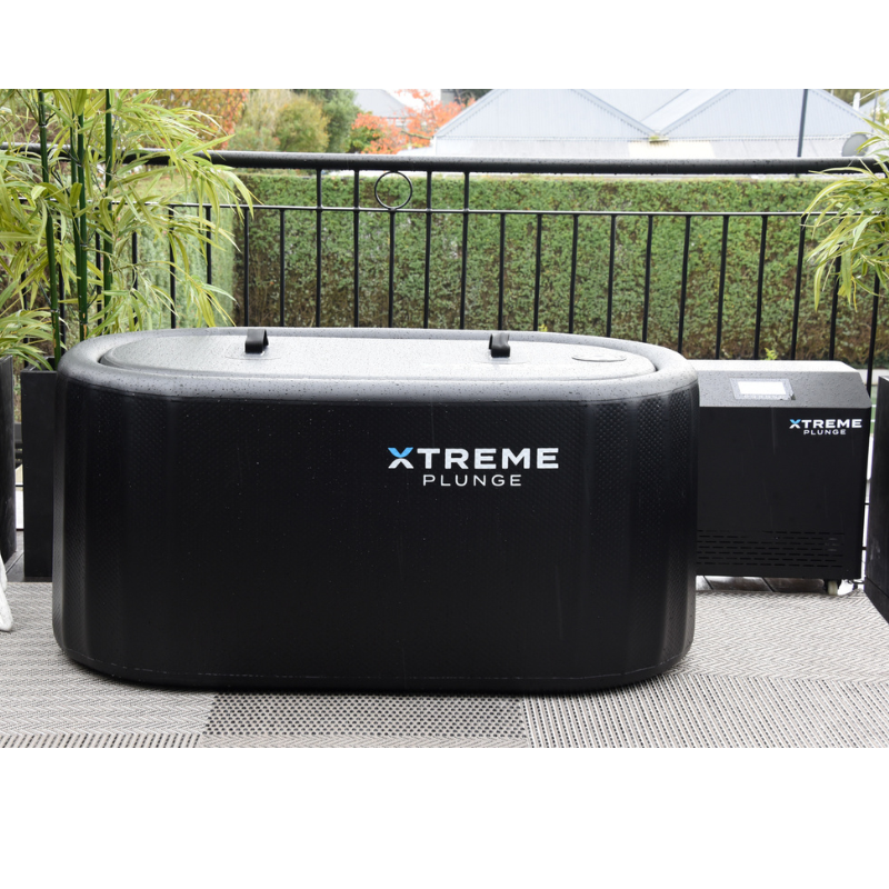 Xtreme Plunge Descent Solo Cold Plunge Tub Ultimate Package with chiller, tub and lid in Black, front view